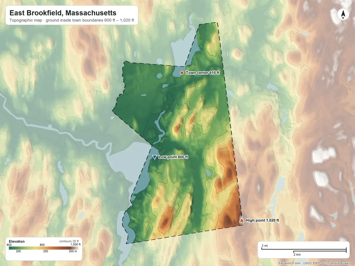 Topographic elevation map of East Brookfield, Massachusetts, shaded from 600 ft on the south side to 1,020 ft on Doane Hill