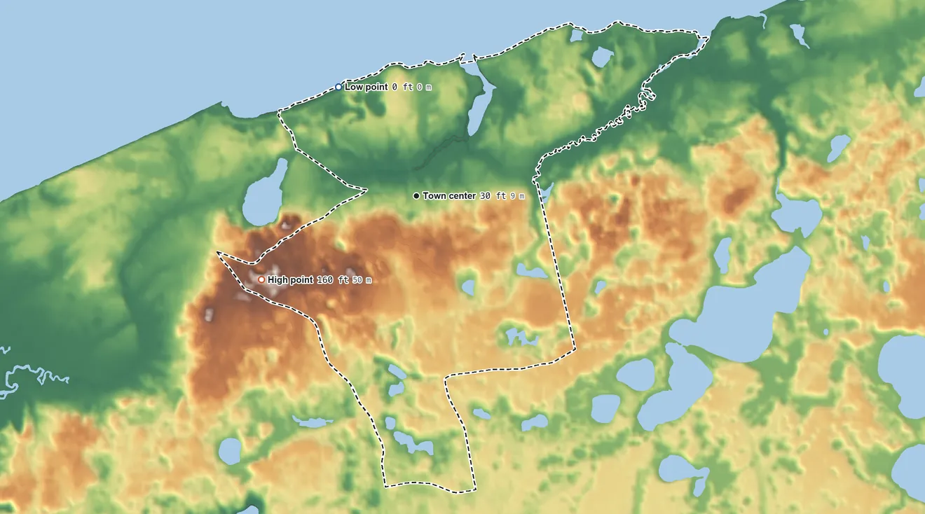 Topographic elevation map of East Dennis, Massachusetts, shaded from sea level level on Cape Cod Bay to 160 ft on the southwest side