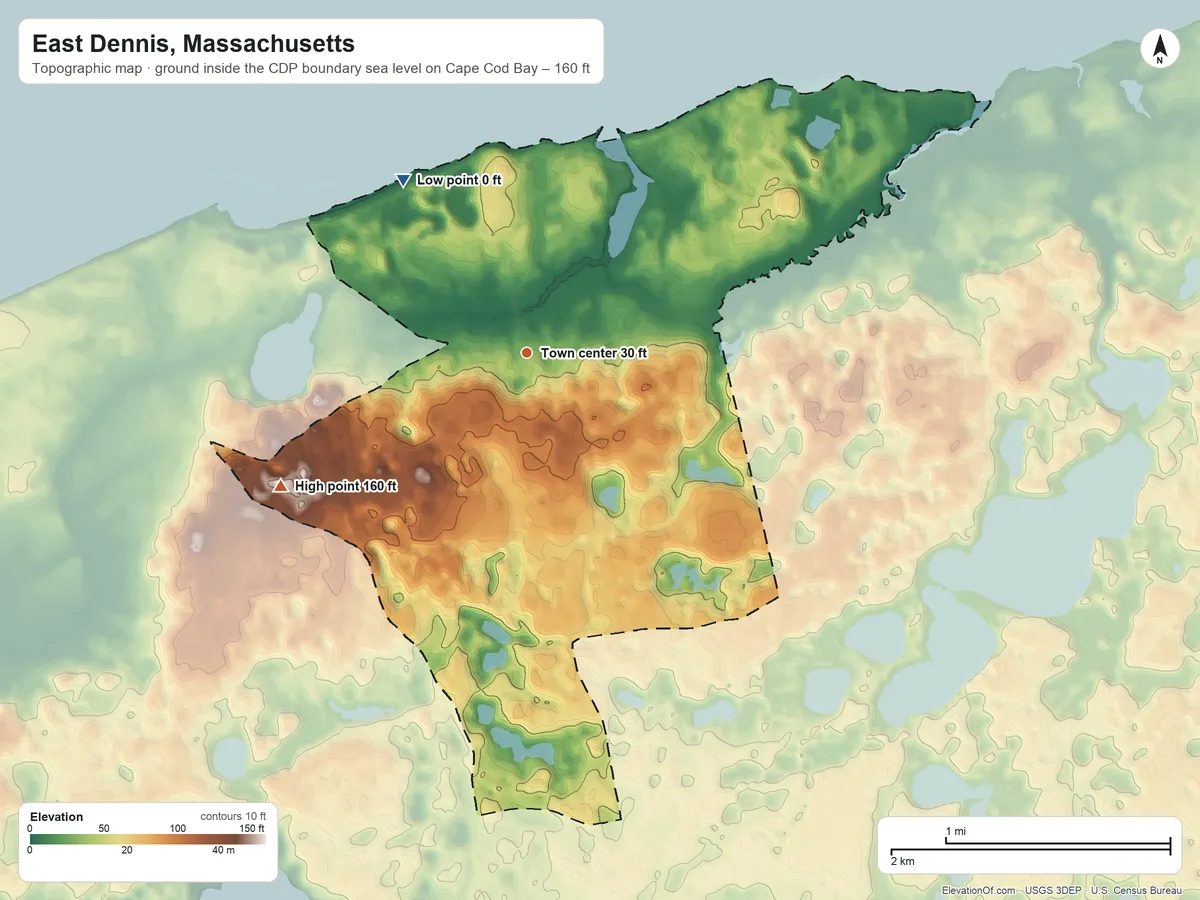 Topographic elevation map of East Dennis, Massachusetts, shaded from sea level level on Cape Cod Bay to 160 ft on the southwest side
