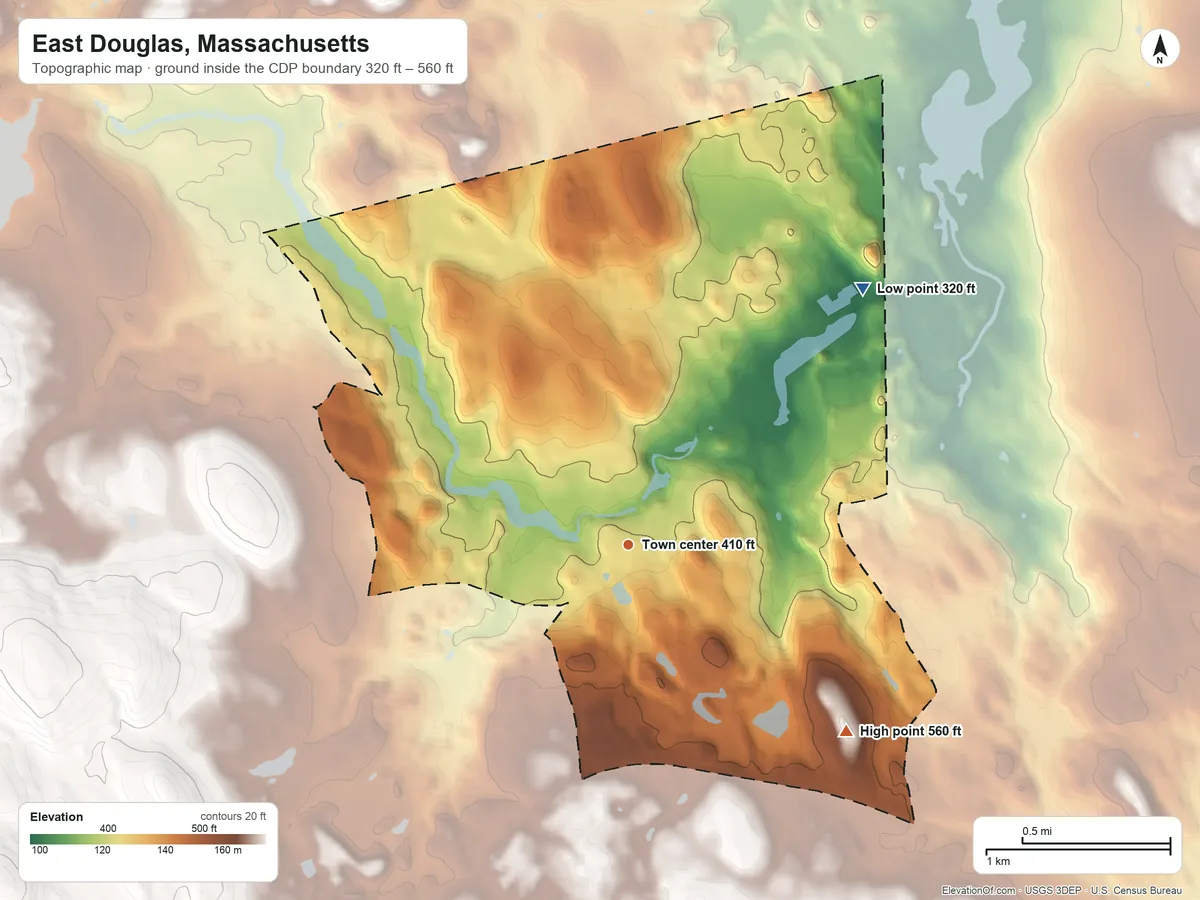 Topographic elevation map of East Douglas, Massachusetts, shaded from 320 ft on the northeast side to 560 ft on the southeast side