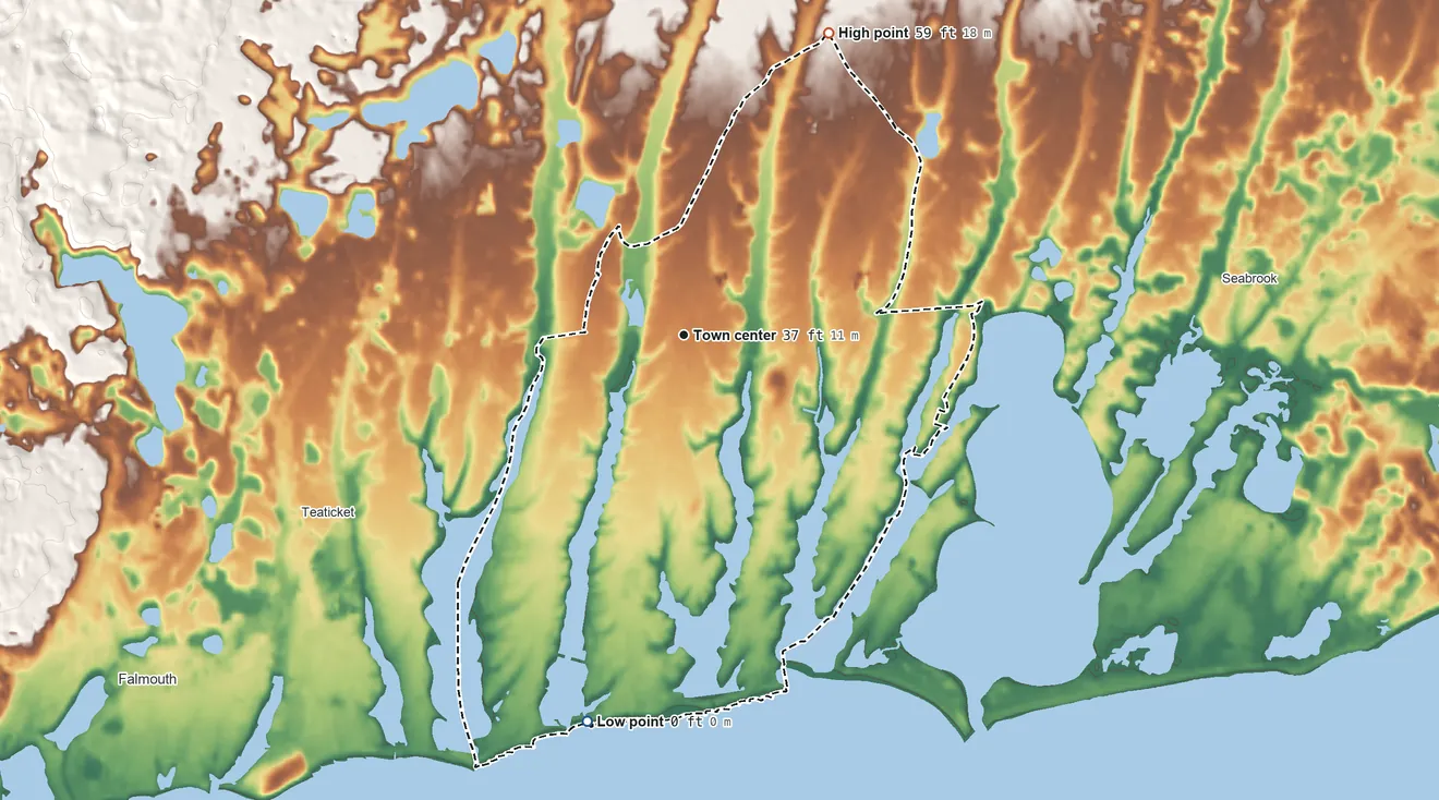 Topographic elevation map of East Falmouth, Massachusetts, shaded from sea level level on Vineyard Sound to 59 ft on the northeast side