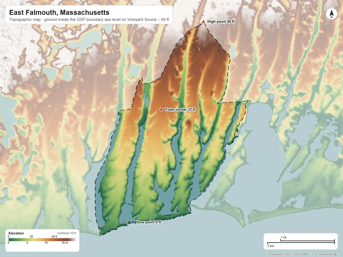 Topographic elevation map of East Falmouth, Massachusetts, shaded from sea level level on Vineyard Sound to 59 ft on the northeast side