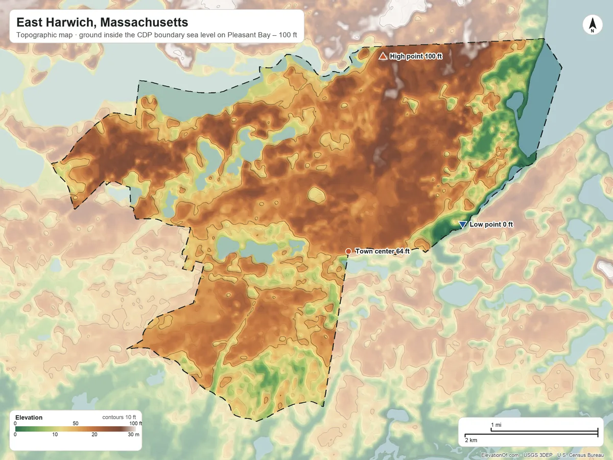 Topographic elevation map of East Harwich, Massachusetts, shaded from sea level level on Pleasant Bay to 100 ft on the north side