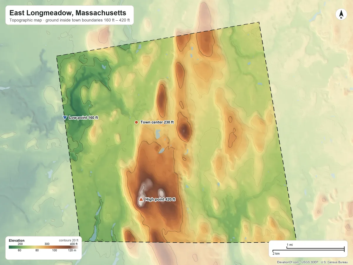 Topographic elevation map of East Longmeadow, Massachusetts, shaded from 160 ft on the west side to 420 ft on the south side