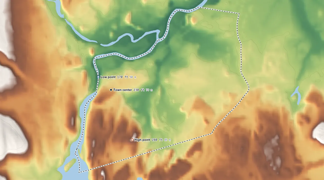 Topographic elevation map of East Pepperell, Massachusetts, shaded from 170 ft near the middle to 280 ft on the southeast side