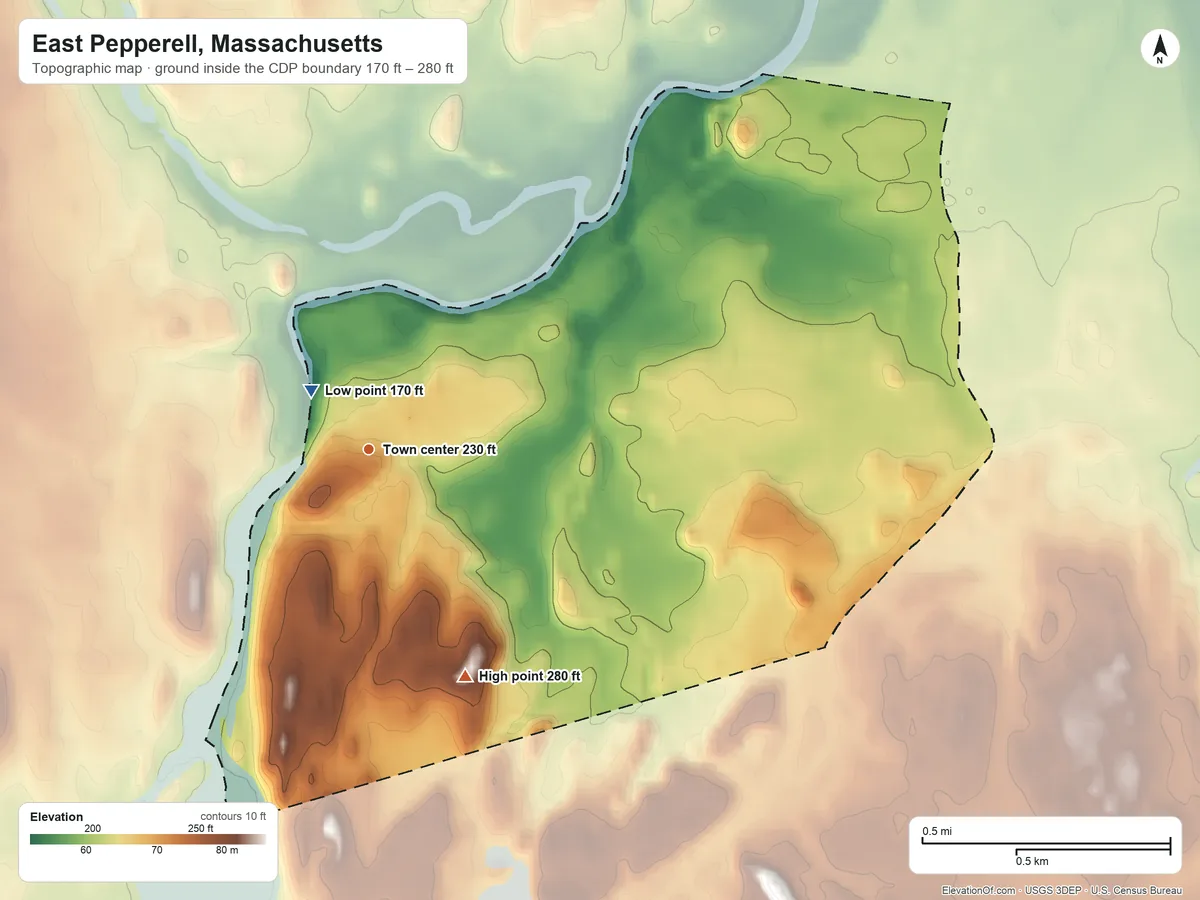 Topographic elevation map of East Pepperell, Massachusetts, shaded from 170 ft near the middle to 280 ft on the southeast side
