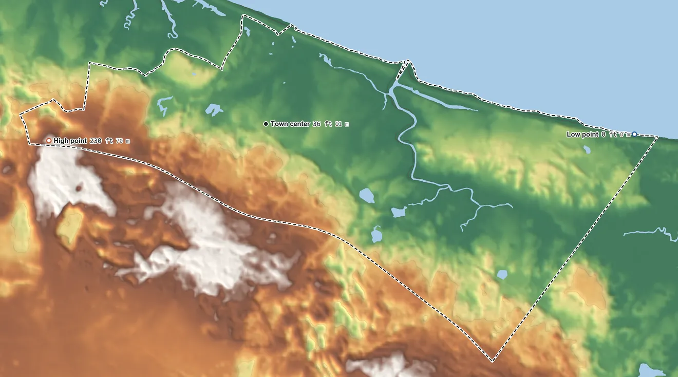 Topographic elevation map of East Sandwich, Massachusetts, shaded from sea level level on Cape Cod Bay to 230 ft on the west side