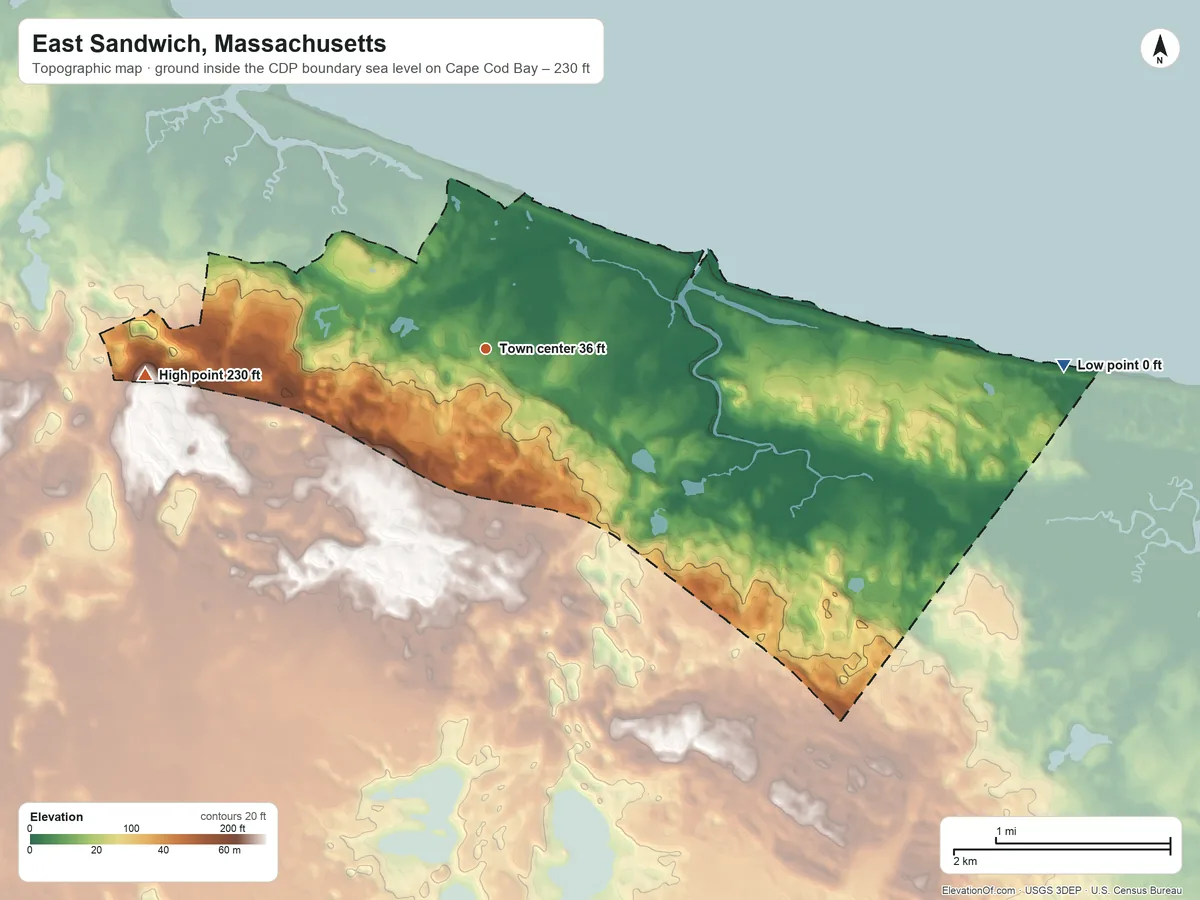 Topographic elevation map of East Sandwich, Massachusetts, shaded from sea level level on Cape Cod Bay to 230 ft on the west side