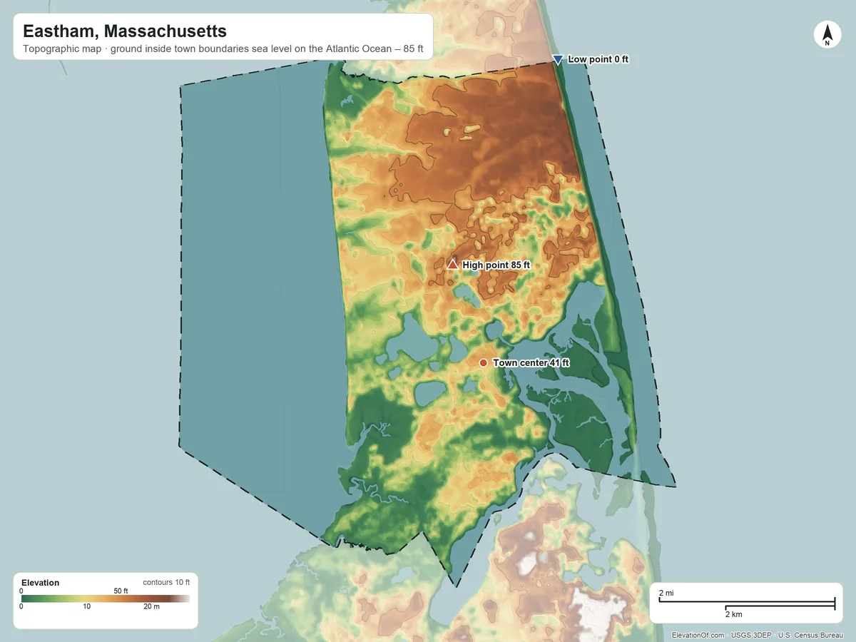 Topographic elevation map of Eastham, Massachusetts, shaded from sea level level on the Atlantic Ocean to 85 ft on the north side