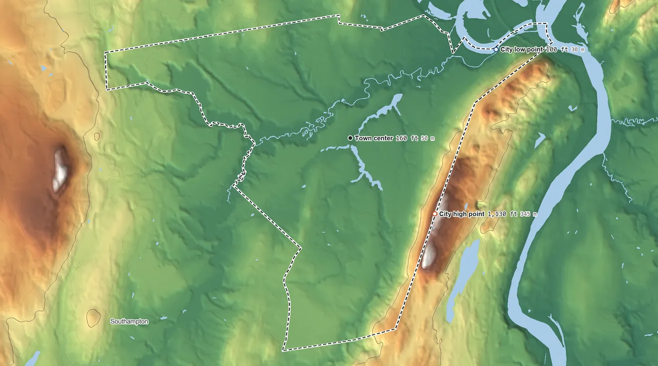 Topographic elevation map of Easthampton, Massachusetts, shaded from 100 ft on the northeast side to 1,130 ft on the southeast side
