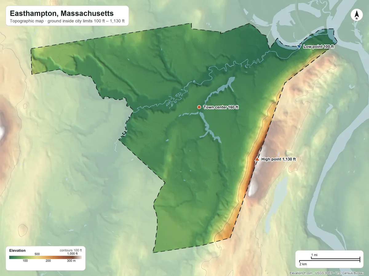 Topographic elevation map of Easthampton, Massachusetts, shaded from 100 ft on the northeast side to 1,130 ft on the southeast side