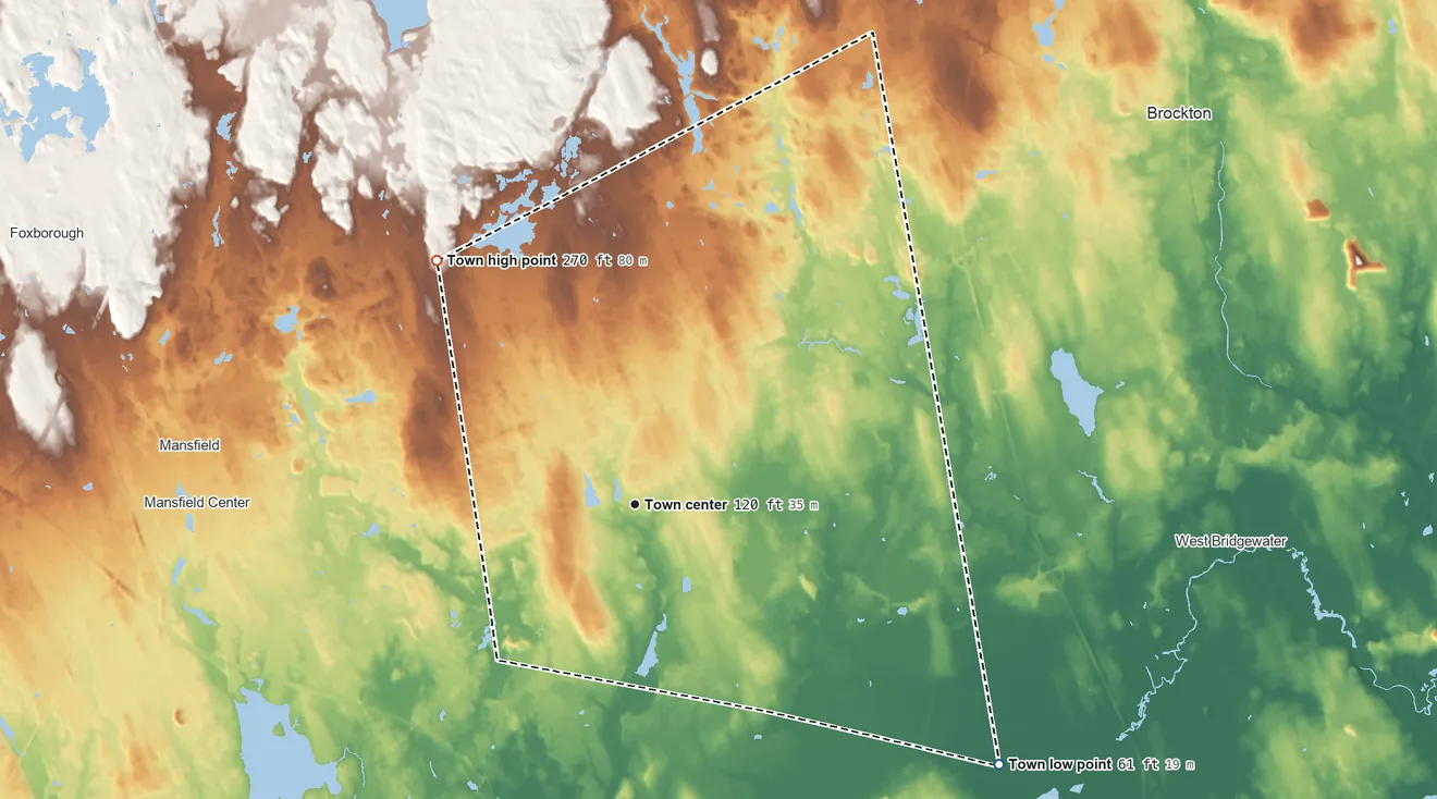 Topographic elevation map of Easton, Massachusetts, shaded from 61 ft on the southeast side to 270 ft on the northwest side