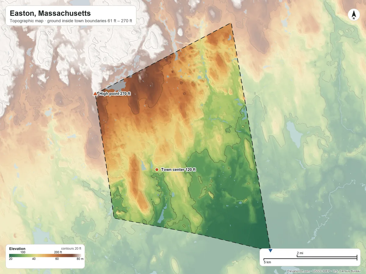 Topographic elevation map of Easton, Massachusetts, shaded from 61 ft on the southeast side to 270 ft on the northwest side