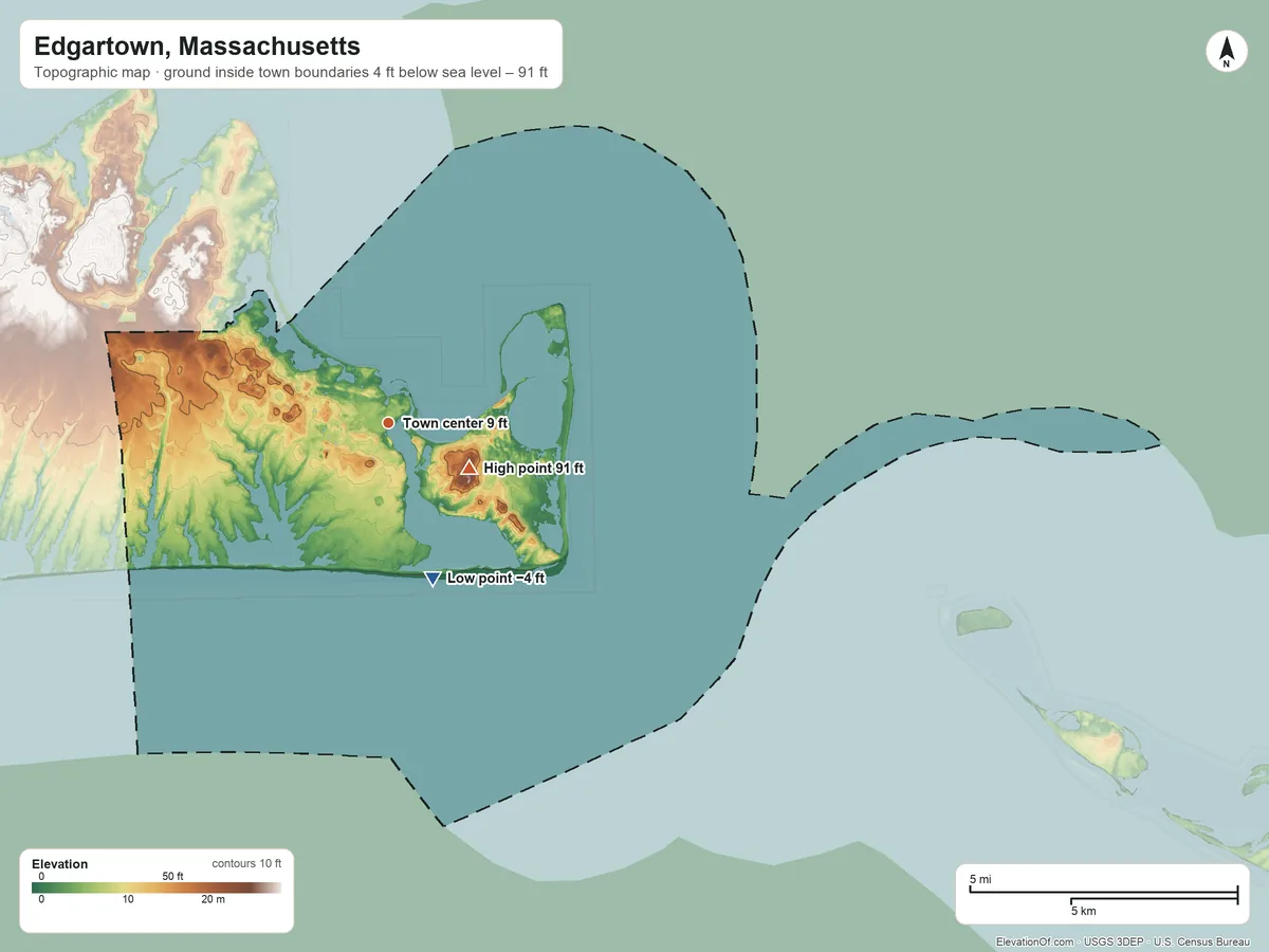 Topographic elevation map of Edgartown, Massachusetts, shaded from −4 ft on the south side to 91 ft on Sampson Hill