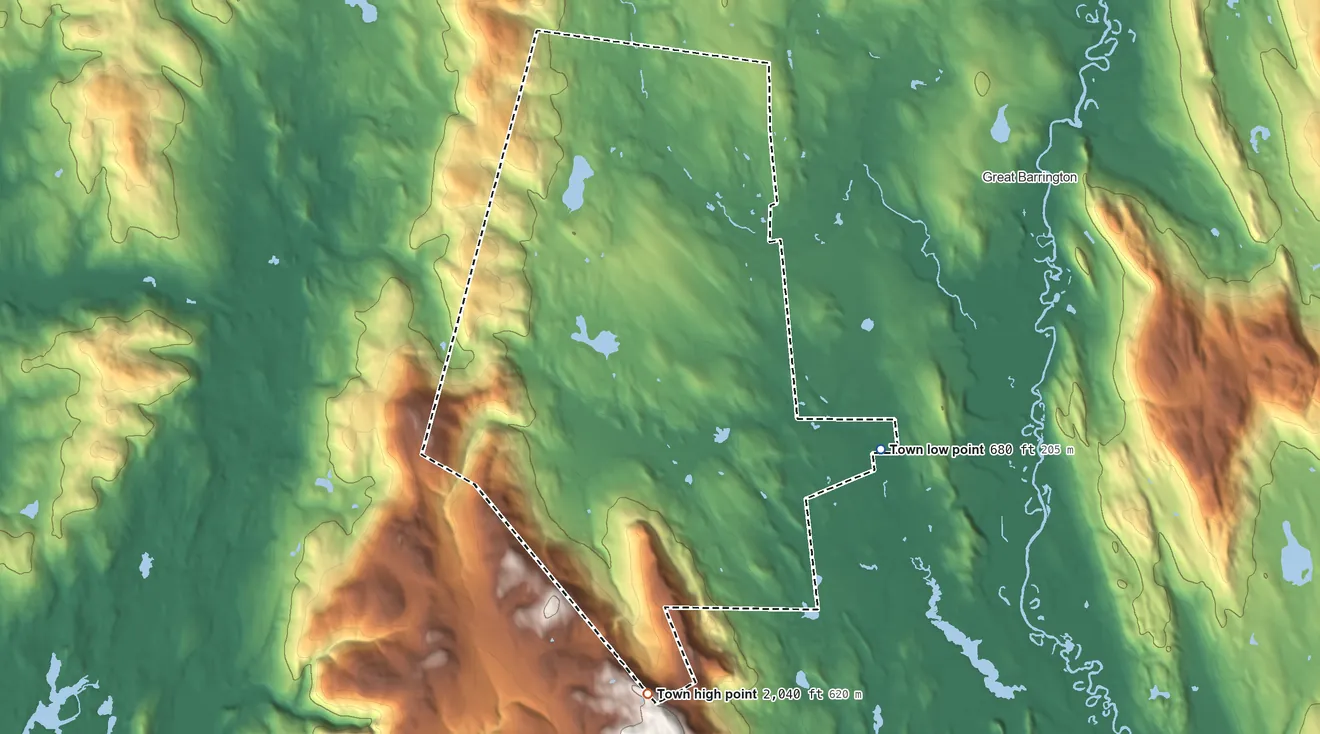 Topographic elevation map of Egremont, Massachusetts, shaded from 680 ft on the southeast side to 2,040 ft at the foot of the Berkshire Hills