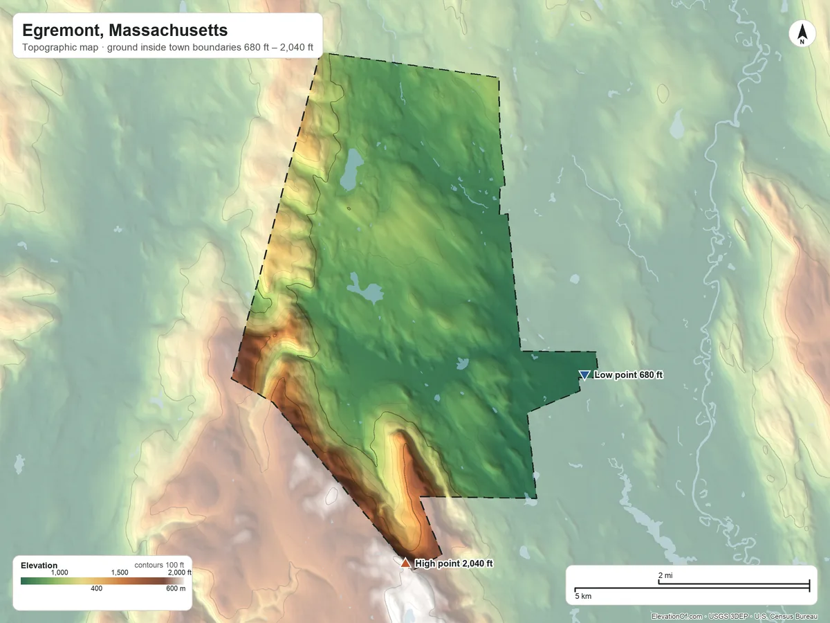 Topographic elevation map of Egremont, Massachusetts, shaded from 680 ft on the southeast side to 2,040 ft at the foot of the Berkshire Hills