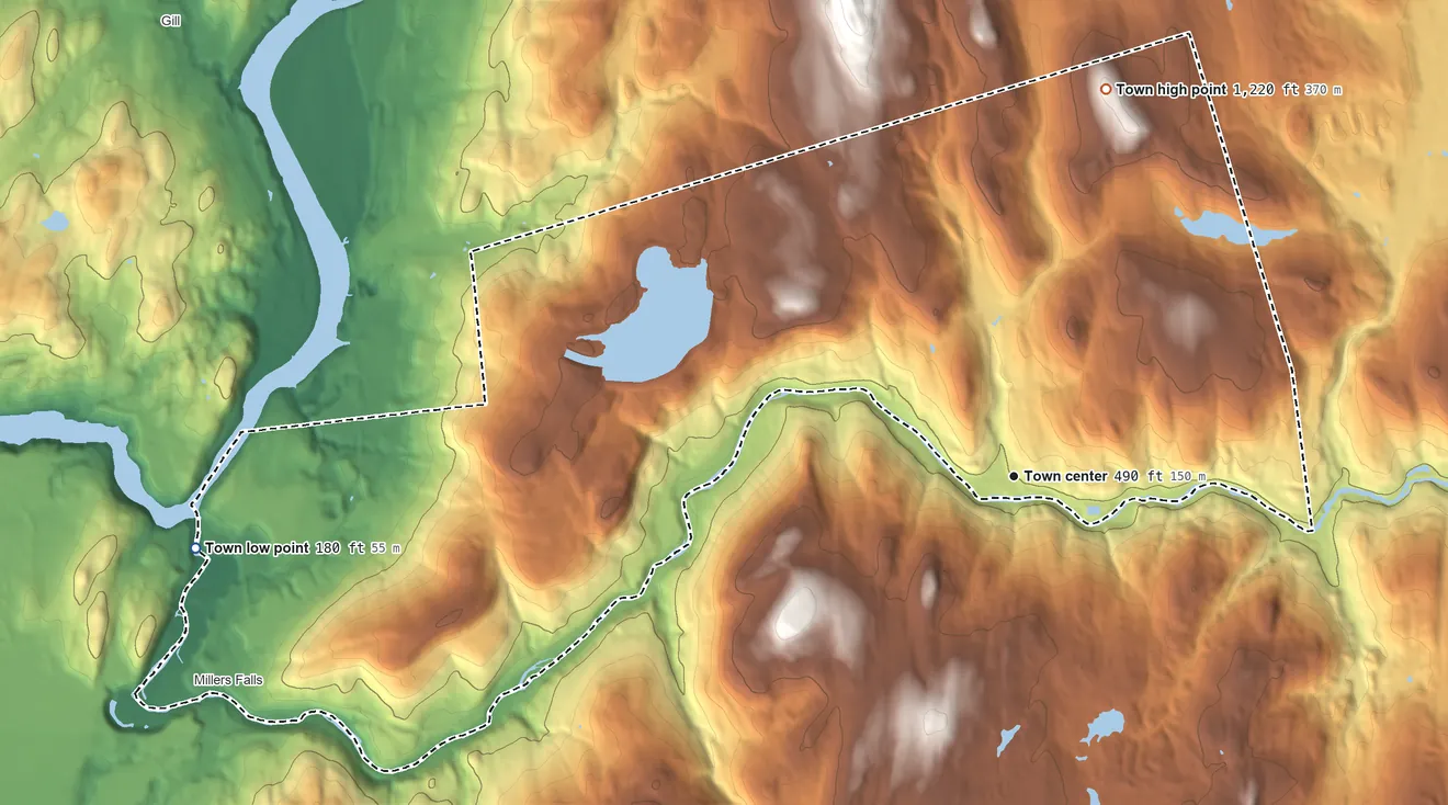 Topographic elevation map of Erving, Massachusetts, shaded from 180 ft on the west side to 1,220 ft on the north side