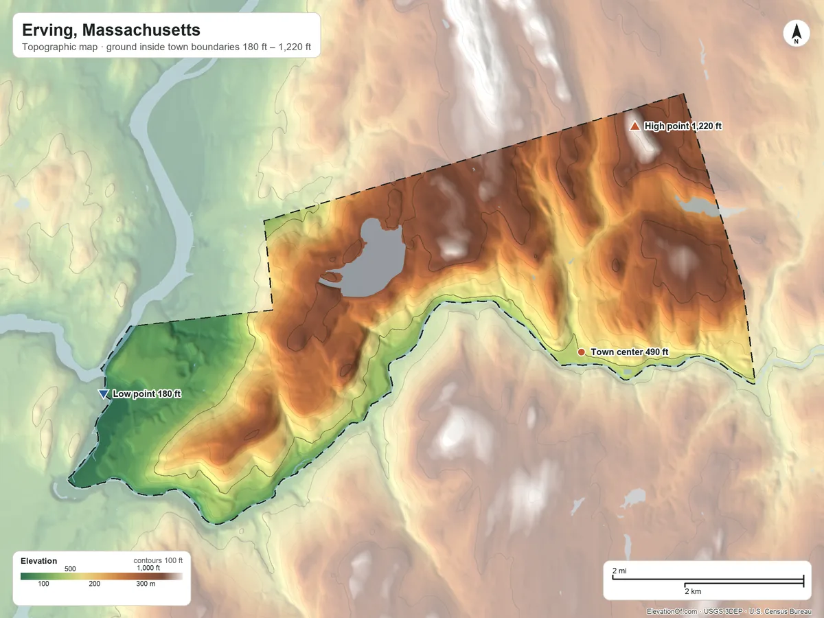 Topographic elevation map of Erving, Massachusetts, shaded from 180 ft on the west side to 1,220 ft on the north side