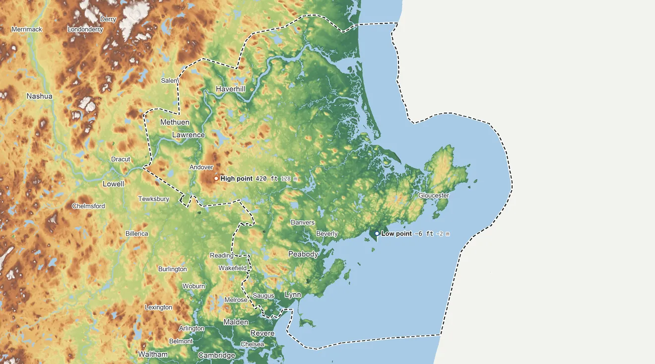 Topographic elevation map of Essex County, Massachusetts, shaded from 6 ft below sea level on the southeast side to 420 ft on Holt Hill