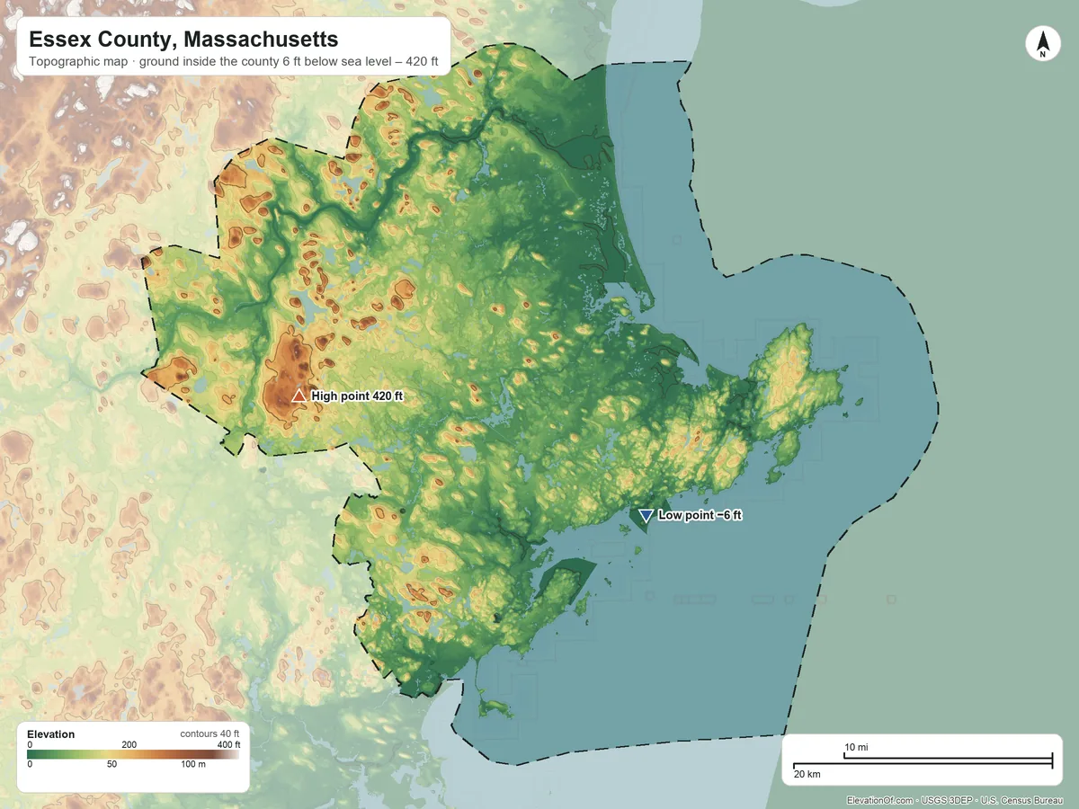 Topographic elevation map of Essex County, Massachusetts, shaded from 6 ft below sea level on the southeast side to 420 ft on Holt Hill