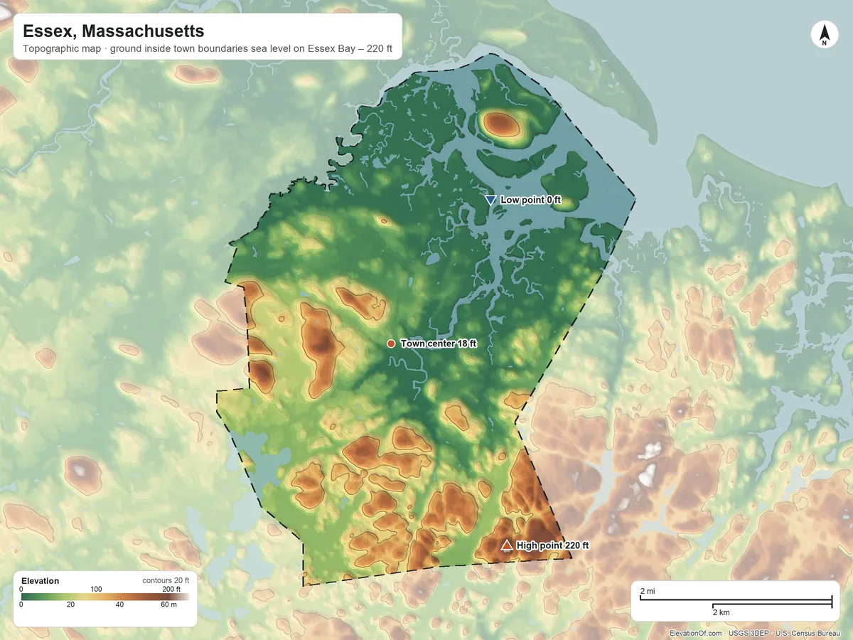 Topographic elevation map of Essex, Massachusetts, shaded from sea level level on Essex Bay to 220 ft on Morse Hill
