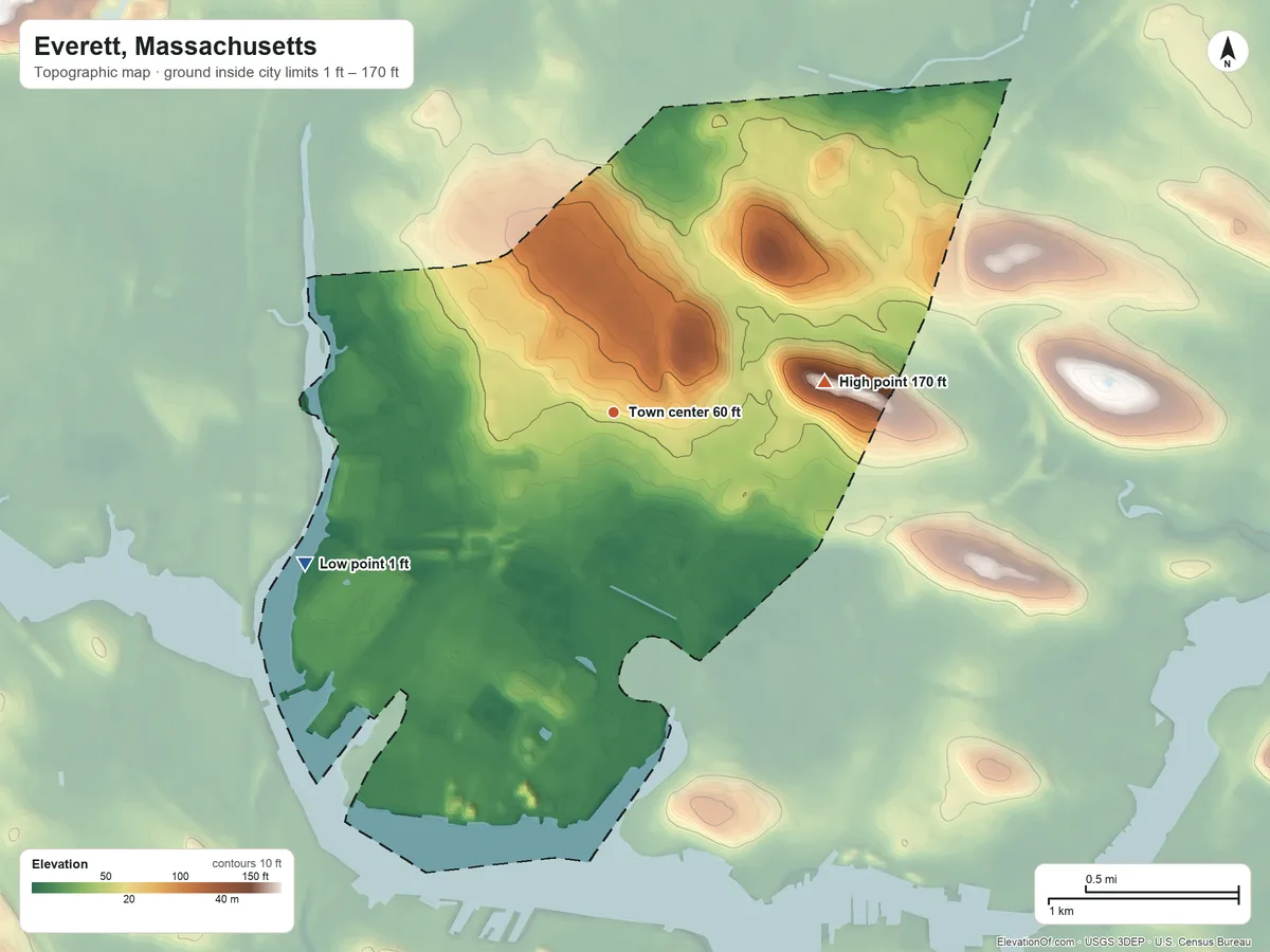 Topographic elevation map of Everett, Massachusetts, shaded from 1 ft on the southwest side to 170 ft on Mount Washington