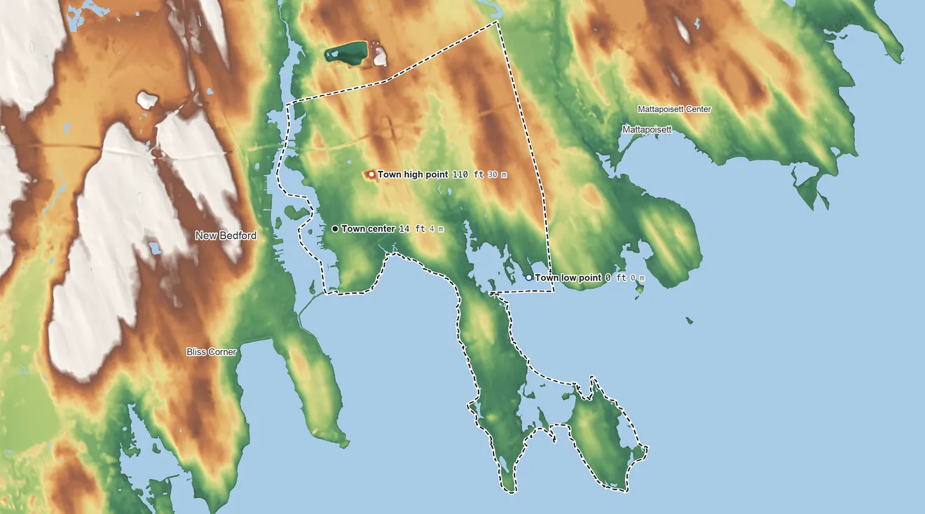 Topographic elevation map of Fairhaven, Massachusetts, shaded from sea level level on the Apponagansett River to 110 ft on the northeast side