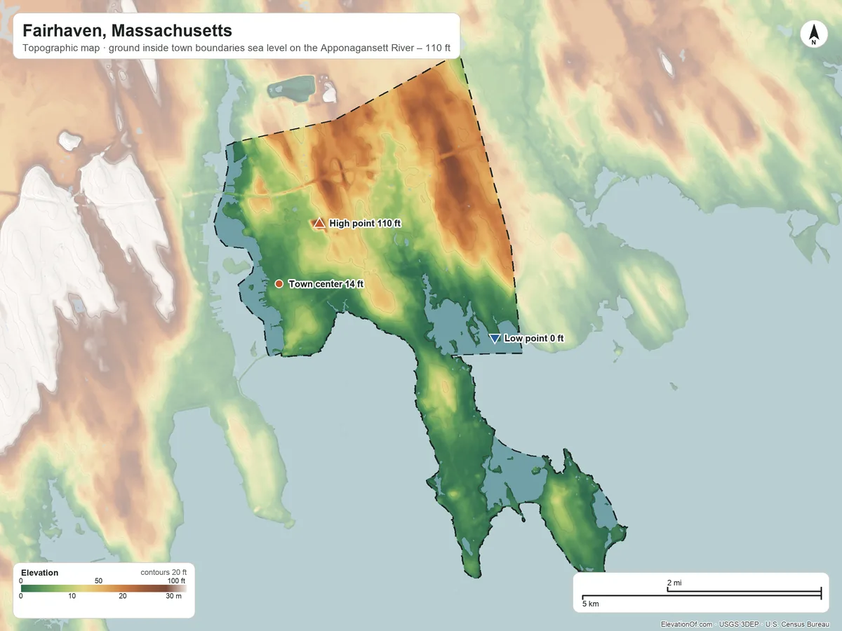 Topographic elevation map of Fairhaven, Massachusetts, shaded from sea level level on the Apponagansett River to 110 ft on the northeast side