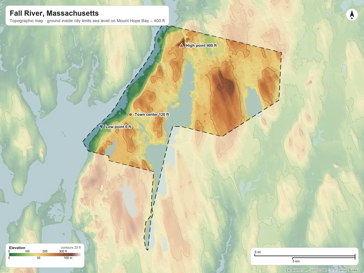 Topographic elevation map of Fall River, Massachusetts, shaded from sea level level on Mount Hope Bay to 400 ft on the northeast side
