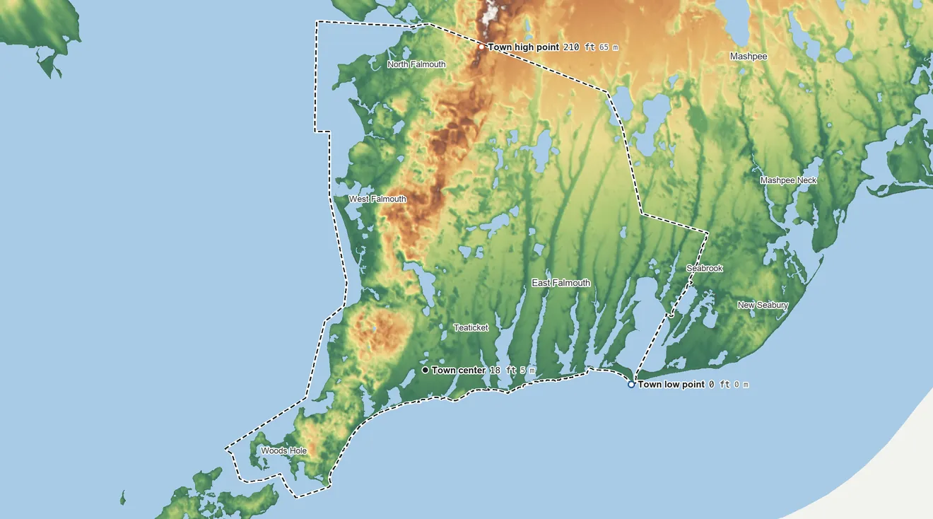 Topographic elevation map of Falmouth, Massachusetts, shaded from sea level level on Vineyard Sound to 210 ft on the north side