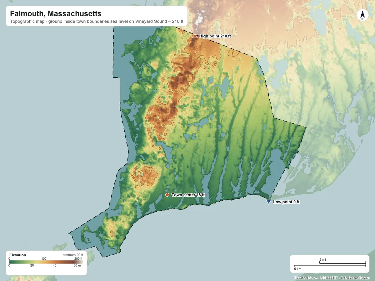 Topographic elevation map of Falmouth, Massachusetts, shaded from sea level level on Vineyard Sound to 210 ft on the north side