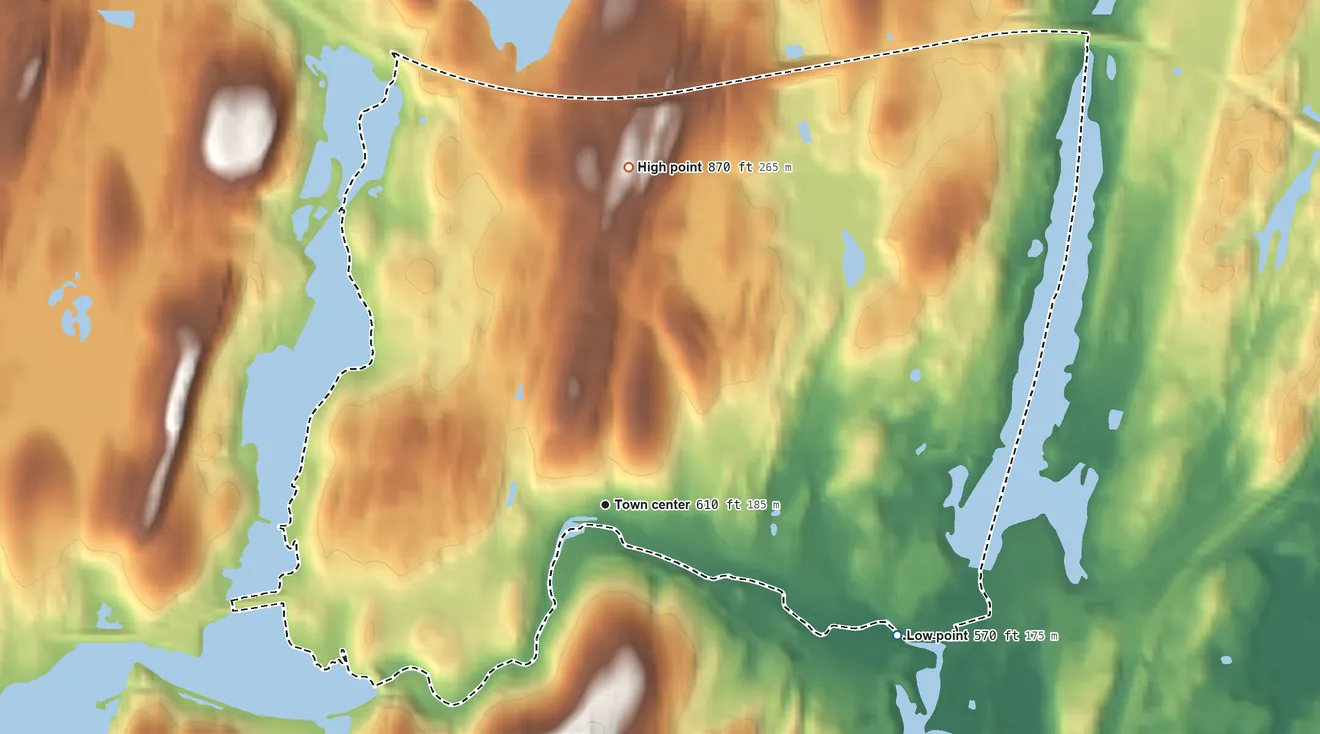 Topographic elevation map of Fiskdale, Massachusetts, shaded from 570 ft on the southeast side to 870 ft on the north side