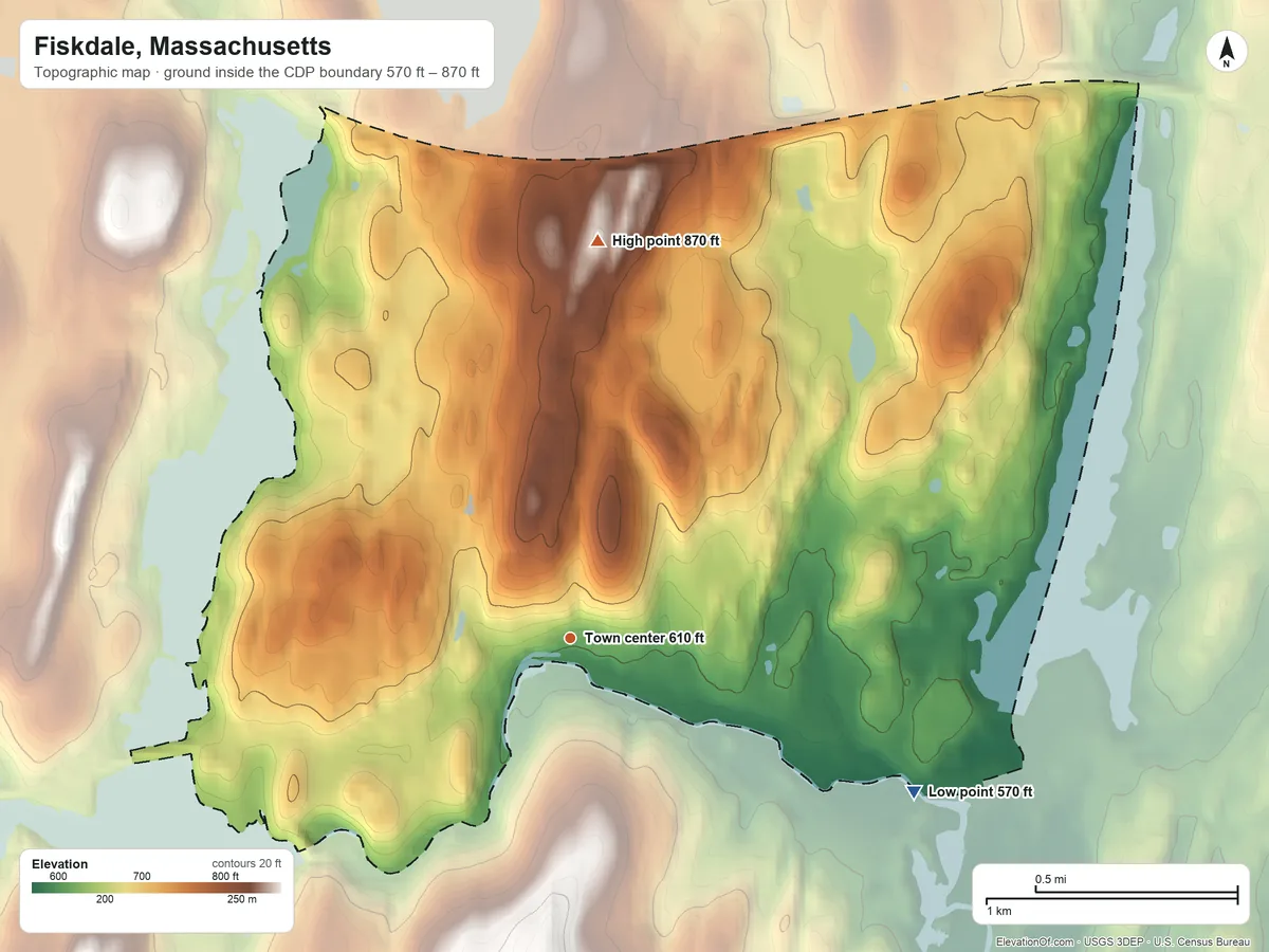 Topographic elevation map of Fiskdale, Massachusetts, shaded from 570 ft on the southeast side to 870 ft on the north side