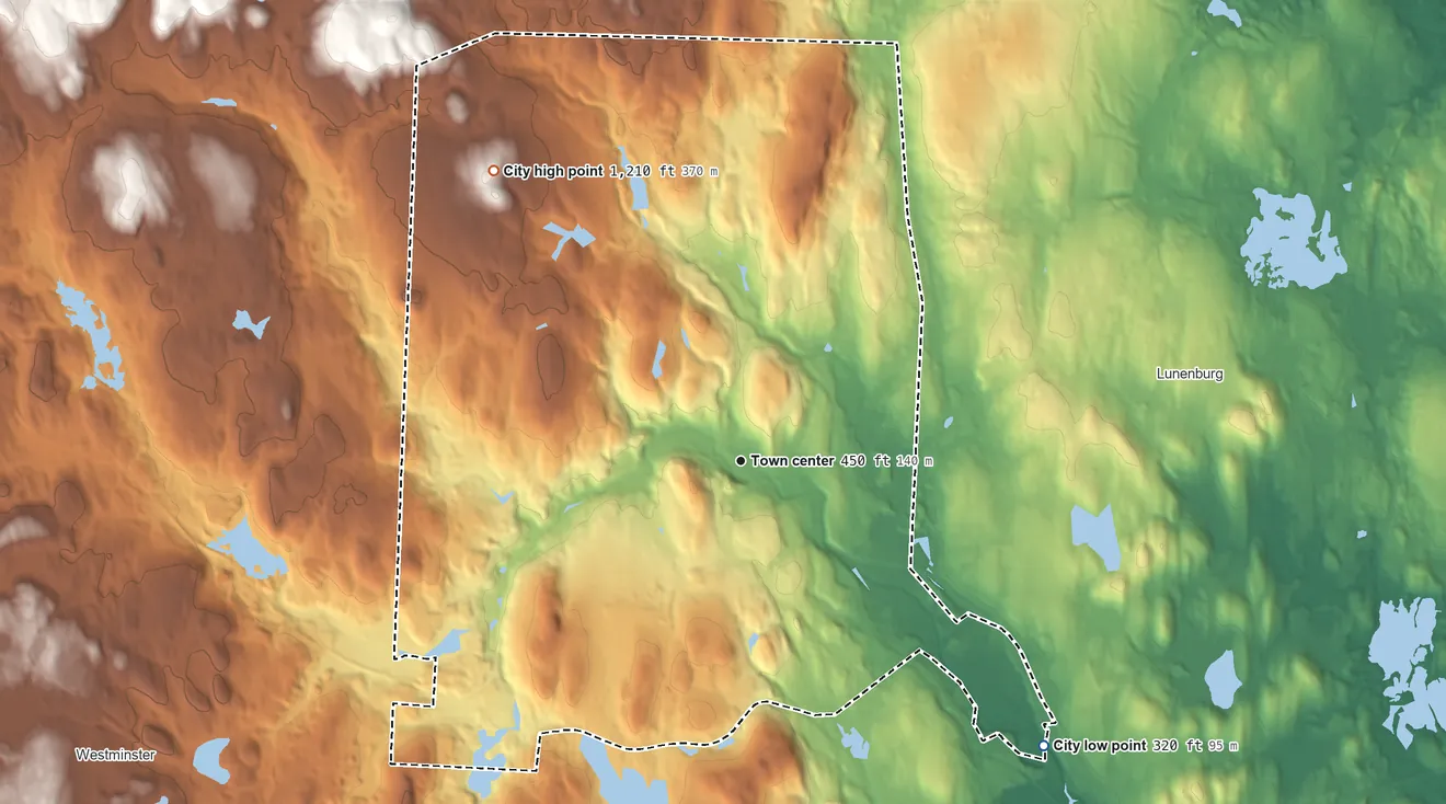 Topographic elevation map of Fitchburg, Massachusetts, shaded from 320 ft on the southeast side to 1,210 ft on Brown Hill
