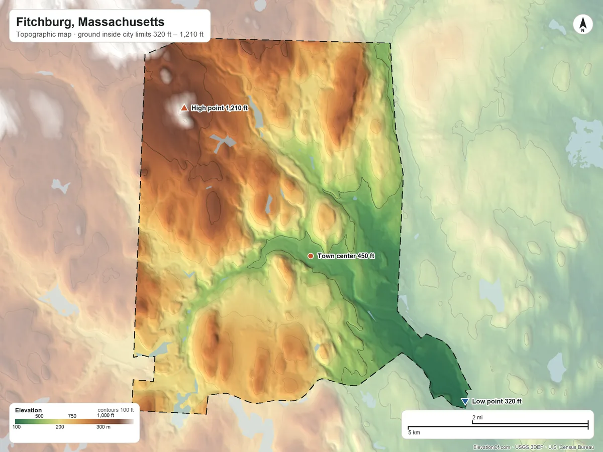 Topographic elevation map of Fitchburg, Massachusetts, shaded from 320 ft on the southeast side to 1,210 ft on Brown Hill