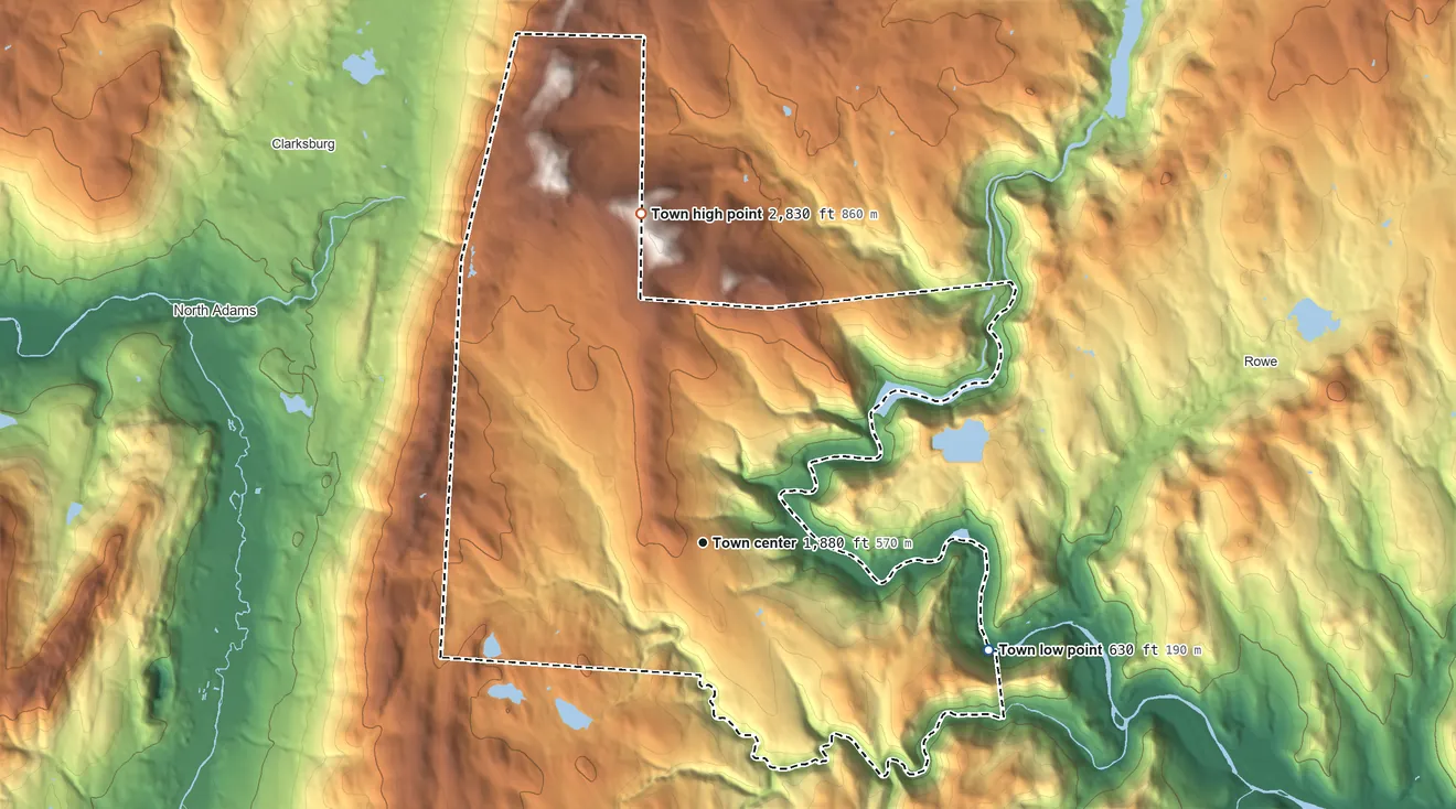 Topographic elevation map of Florida, Massachusetts, shaded from 630 ft on the east side to 2,830 ft on the north side