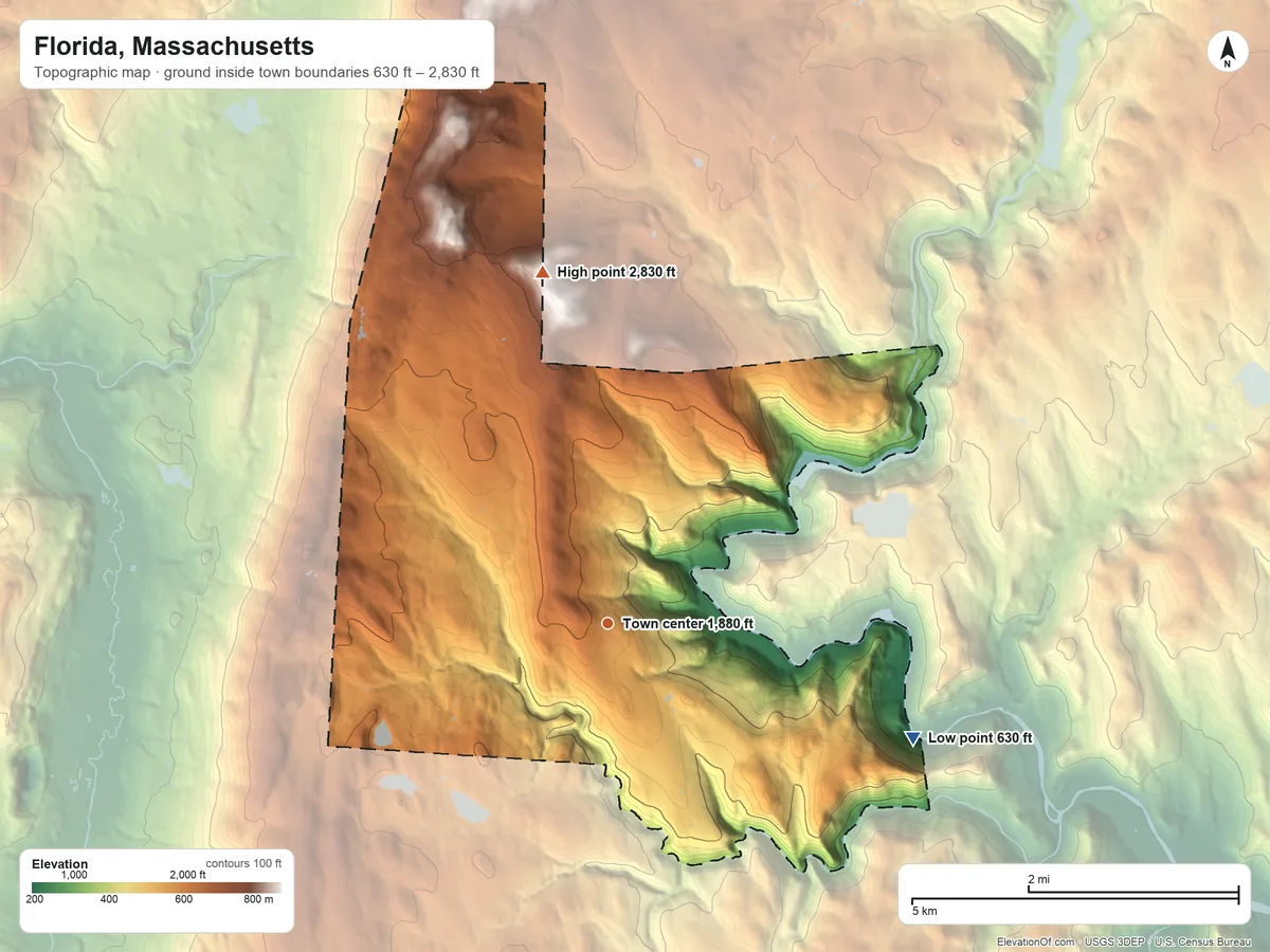 Topographic elevation map of Florida, Massachusetts, shaded from 630 ft on the east side to 2,830 ft on the north side