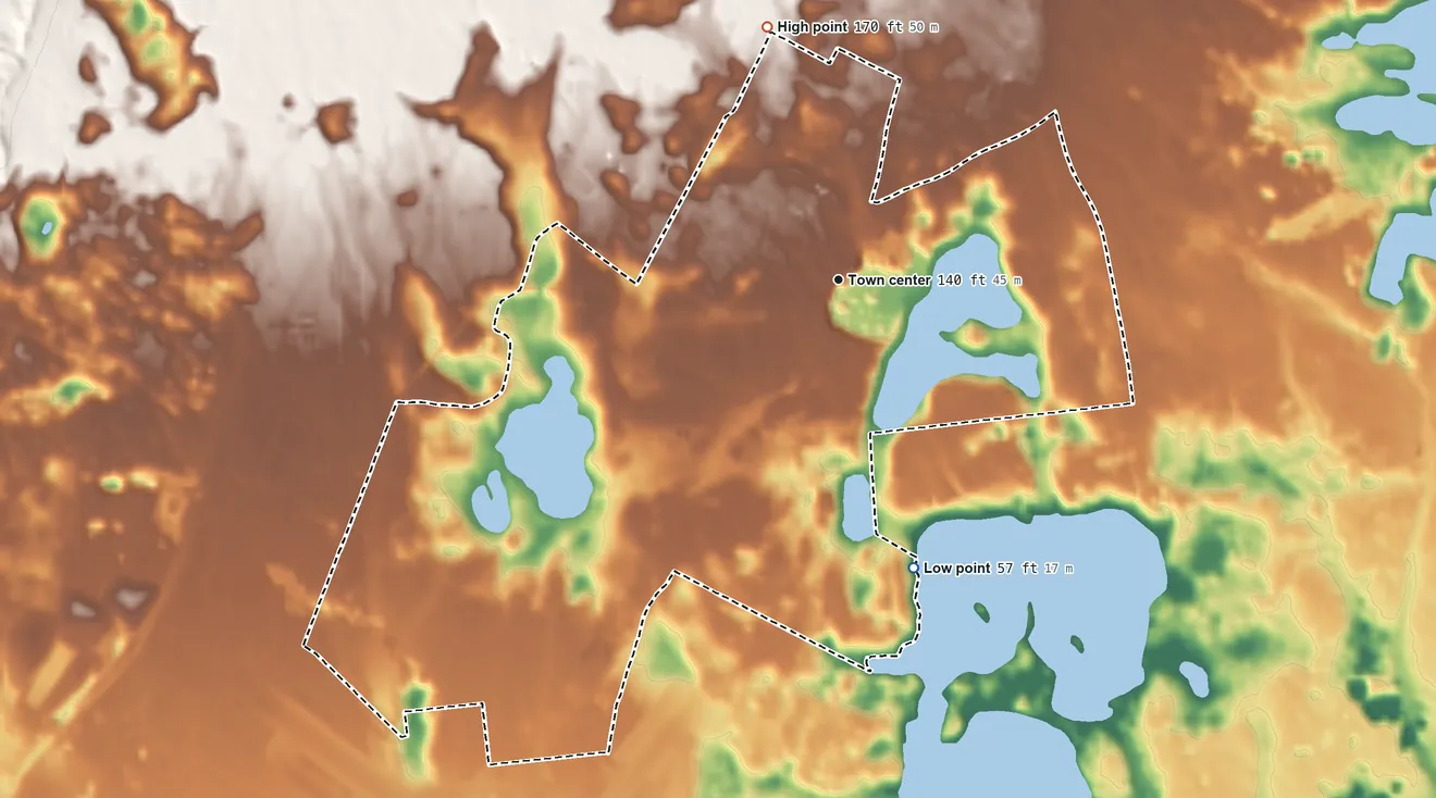 Topographic elevation map of Forestdale, Massachusetts, shaded from 57 ft on the south side to 170 ft on the north side