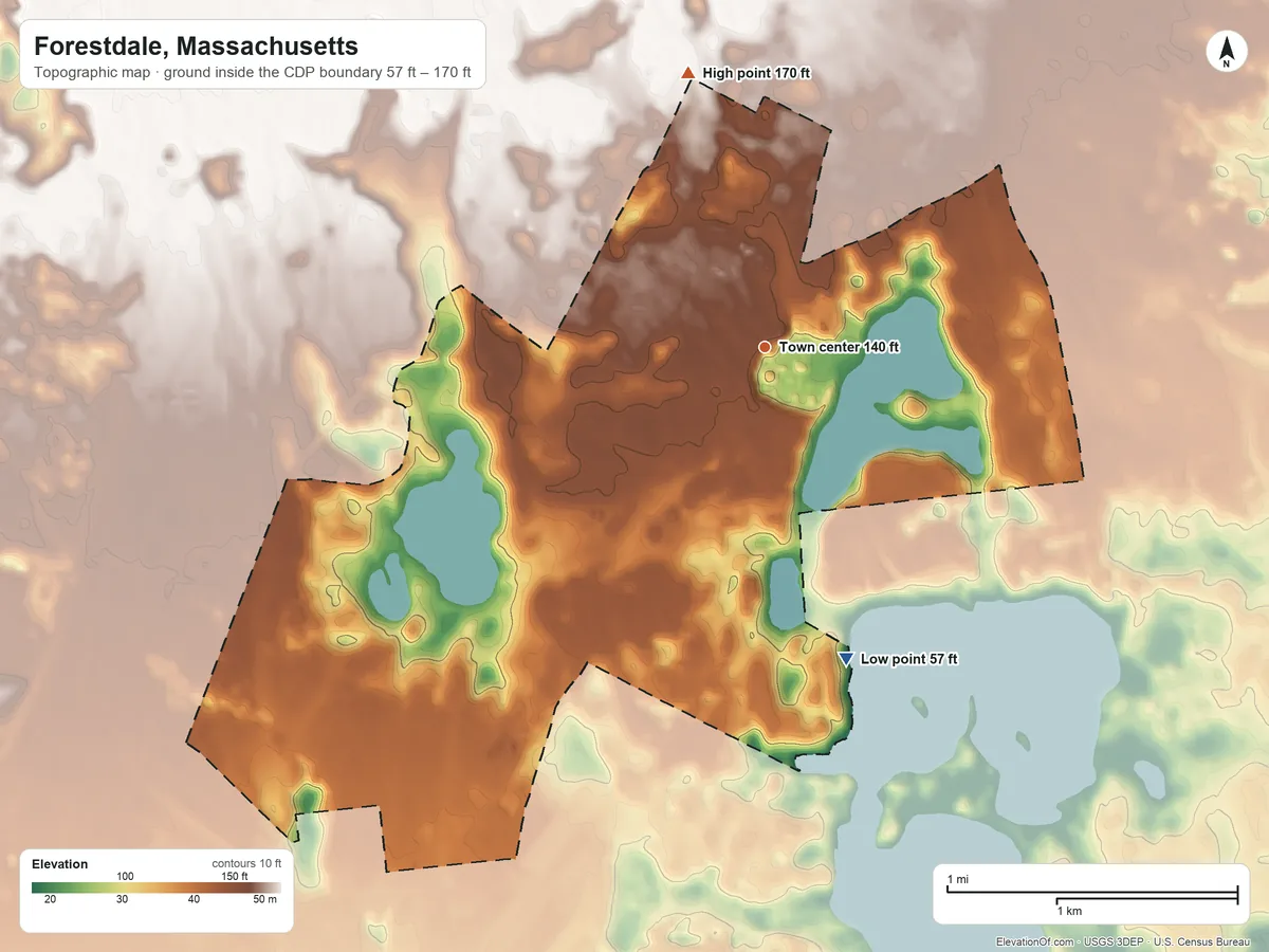 Topographic elevation map of Forestdale, Massachusetts, shaded from 57 ft on the south side to 170 ft on the north side