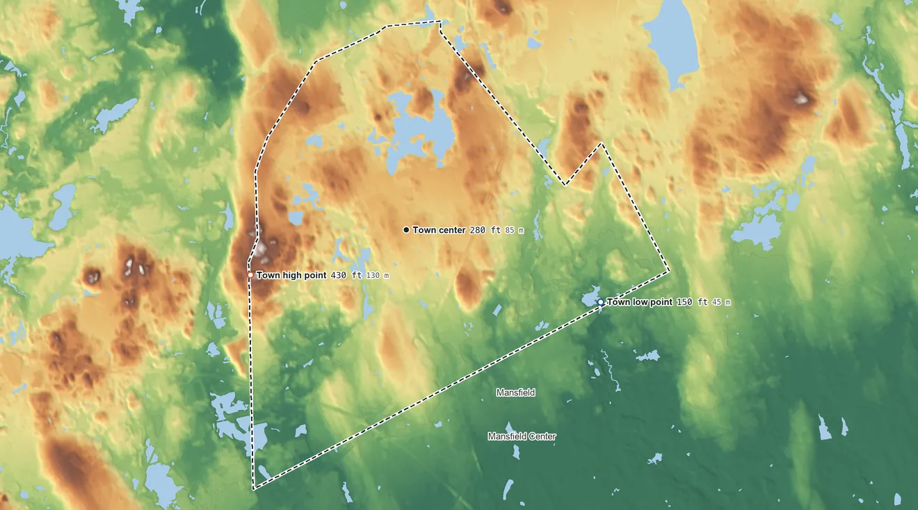 Topographic elevation map of Foxborough, Massachusetts, shaded from 150 ft on the east side to 430 ft on the west side