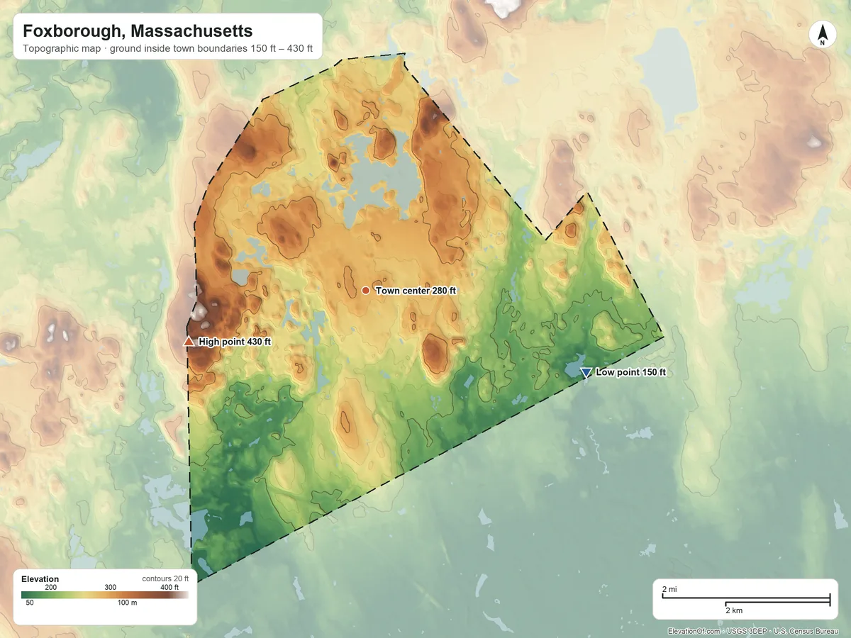 Topographic elevation map of Foxborough, Massachusetts, shaded from 150 ft on the east side to 430 ft on the west side