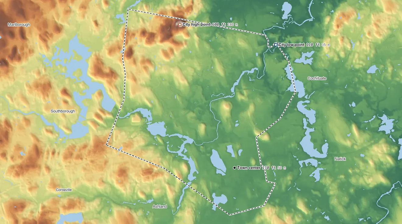 Topographic elevation map of Framingham, Massachusetts, shaded from 110 ft on the north side to 600 ft on Nobscot Hill