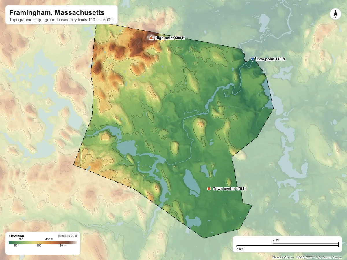 Topographic elevation map of Framingham, Massachusetts, shaded from 110 ft on the north side to 600 ft on Nobscot Hill