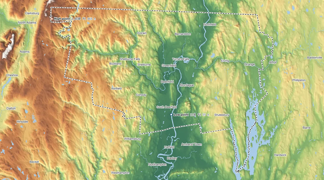 Topographic elevation map of Franklin County, Massachusetts, shaded from 110 ft near the middle to 2,830 ft on Crum Hill