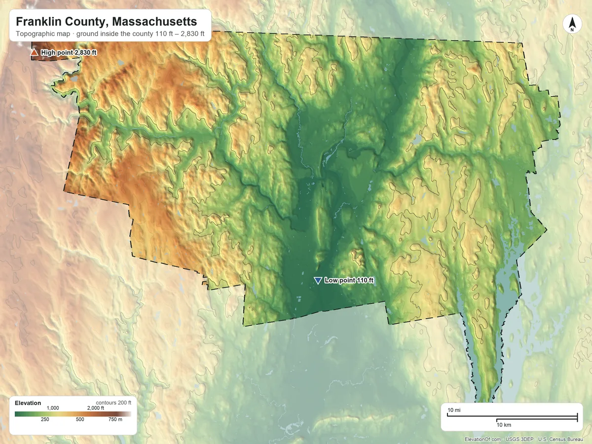 Topographic elevation map of Franklin County, Massachusetts, shaded from 110 ft near the middle to 2,830 ft on Crum Hill
