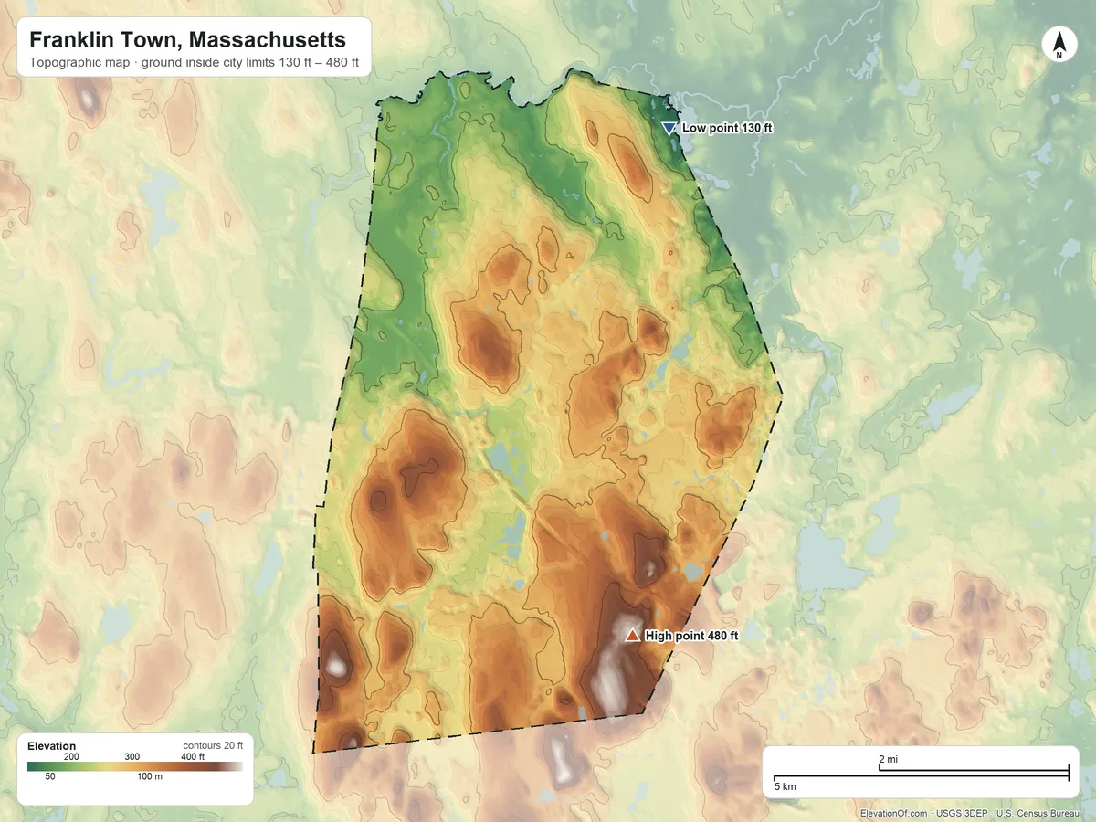 Topographic elevation map of Franklin Town, Massachusetts, shaded from 130 ft on the north side to 480 ft on the south side