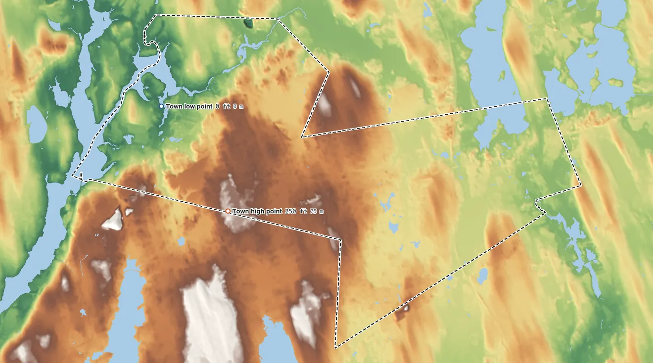 Topographic elevation map of Freetown, Massachusetts, shaded from sea level level on Assonet Bay to 250 ft on the southwest side