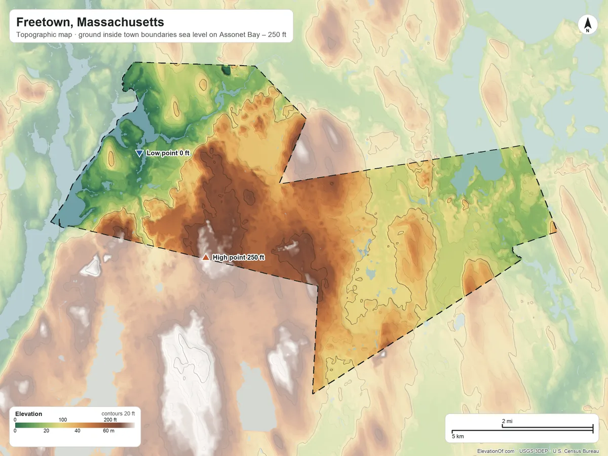 Topographic elevation map of Freetown, Massachusetts, shaded from sea level level on Assonet Bay to 250 ft on the southwest side