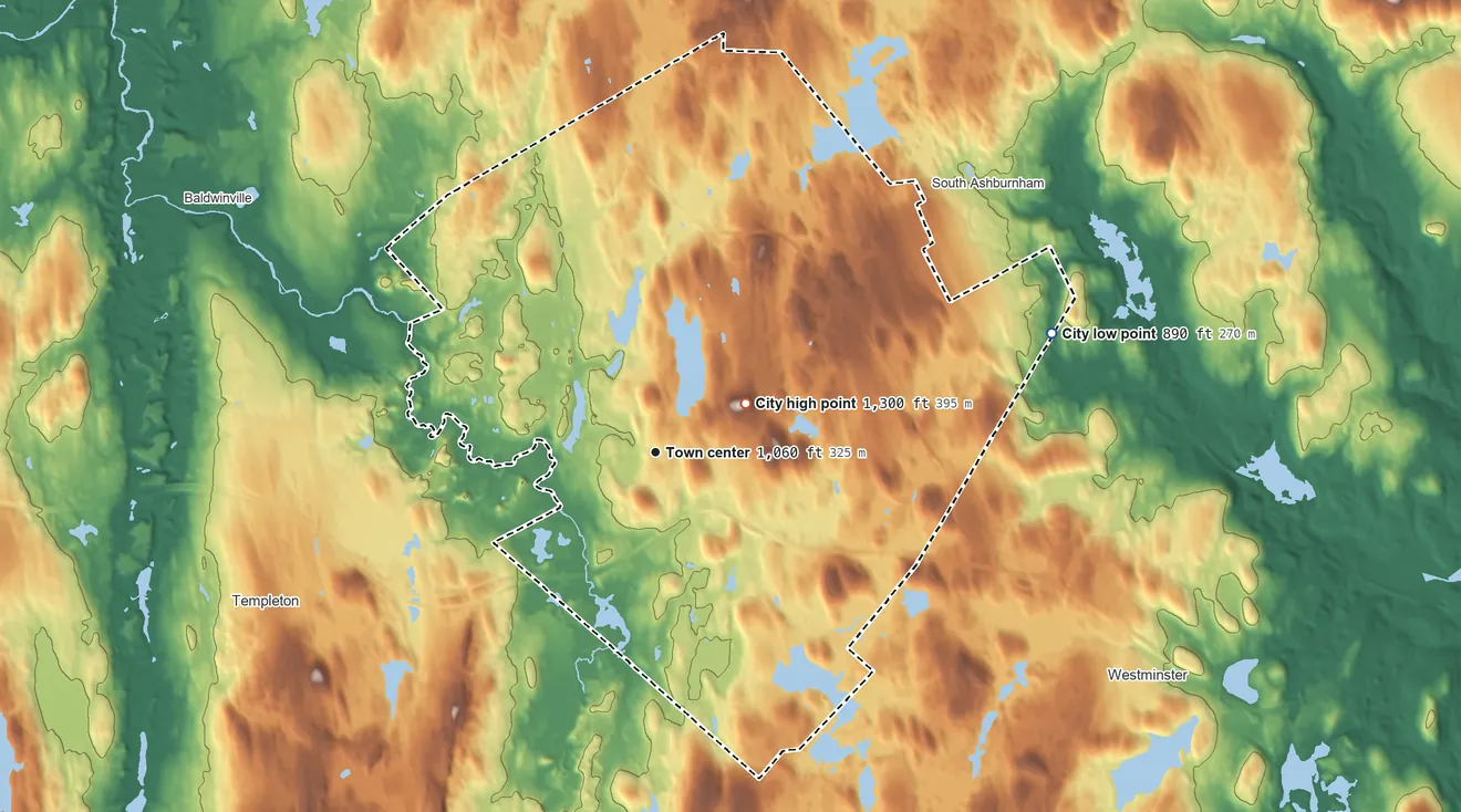 Topographic elevation map of Gardner, Massachusetts, shaded from 890 ft on the east side to 1,300 ft on Reservoir Hill
