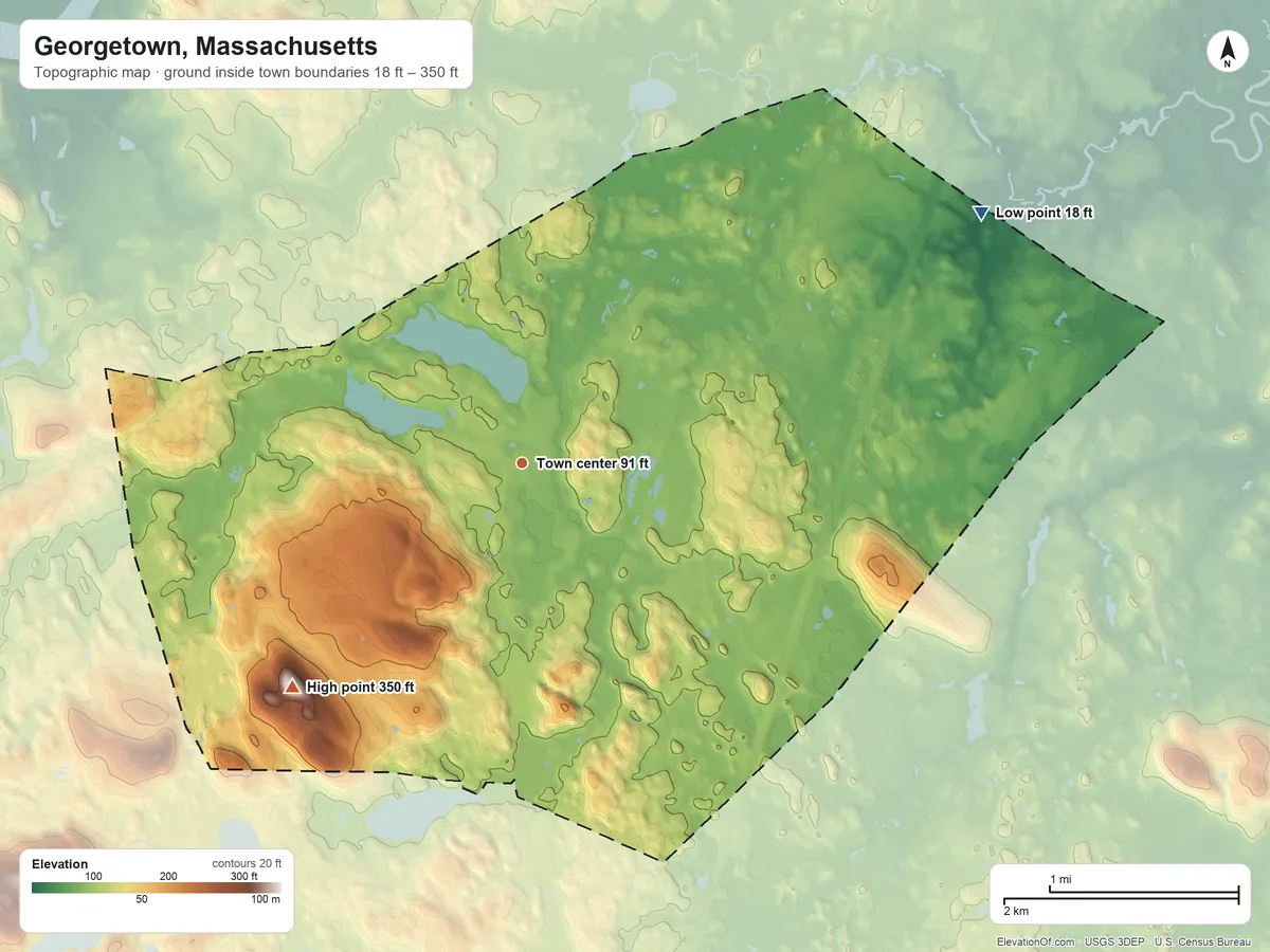 Topographic elevation map of Georgetown, Massachusetts, shaded from 18 ft on the northeast side to 350 ft on Baldpate Hill
